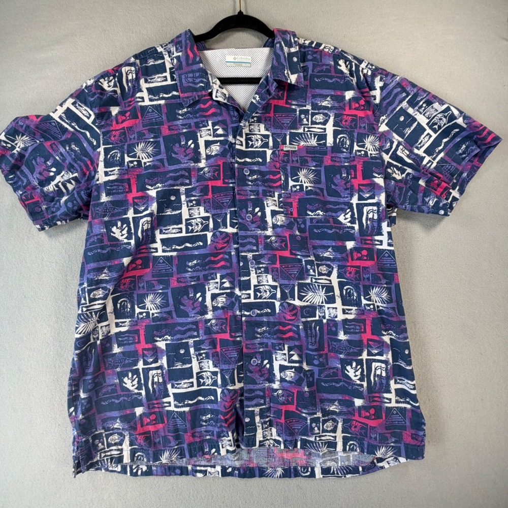 Columbia PFG Fishing Shirt Mens XXL Purple Abstract Fish Print Vented Cotton